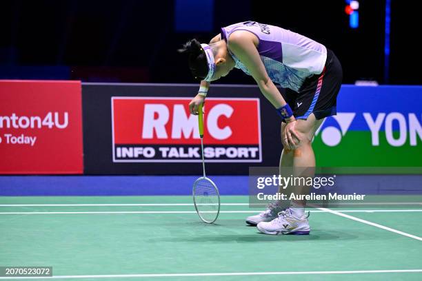 Tai Tzu Ying of Taiwan reacts during her Women's single semi final match against An Se Young of South Korea at the Yonex French open badminton at...