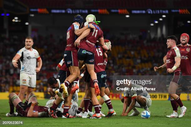 Queensland Reds celebrate victory during the round three Super Rugby Pacific match between Queensland Reds and Chiefs at Suncorp Stadium, on March 09...