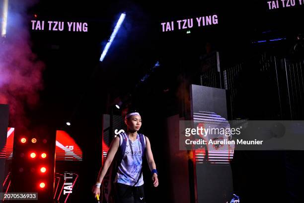 Tai Tzu Ying of Taiwan arrives on the court for her Women's single semi final match against An Se Young of South Korea at the Yonex French open...