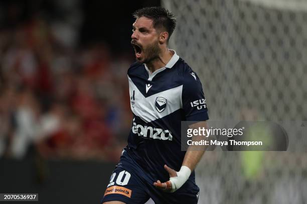 Bruno Fornaroli of Melbourne Victory celebrates a goal during the A-League Men round 20 match between Adelaide United and Melbourne Victory at...