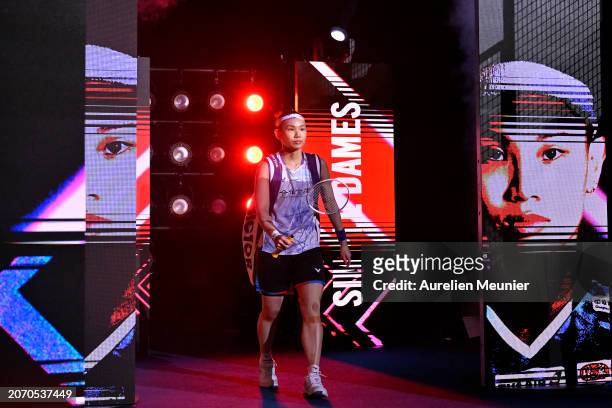 Tai Tzu Ying of Taiwan arrives on the court for her Women's single semi final match against An Se Young of South Korea at the Yonex French open...