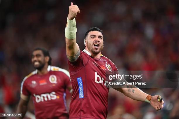 Jeff Toomaga-Allen of the Reds celebrates the victory during the round three Super Rugby Pacific match between Queensland Reds and Chiefs at Suncorp...