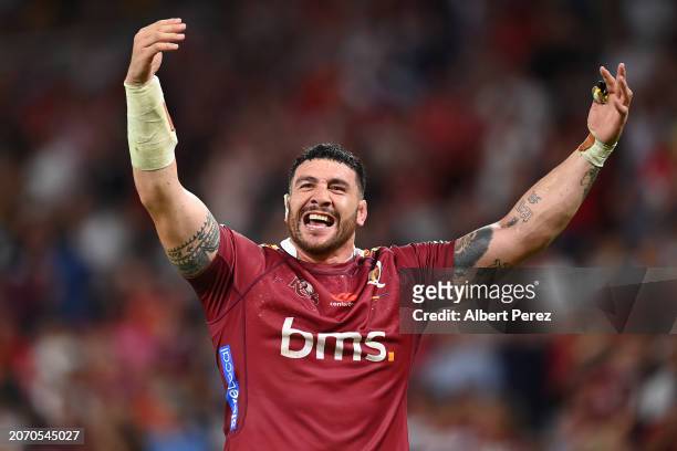 Jeff Toomaga-Allen of the Reds celebrates the victory during the round three Super Rugby Pacific match between Queensland Reds and Chiefs at Suncorp...