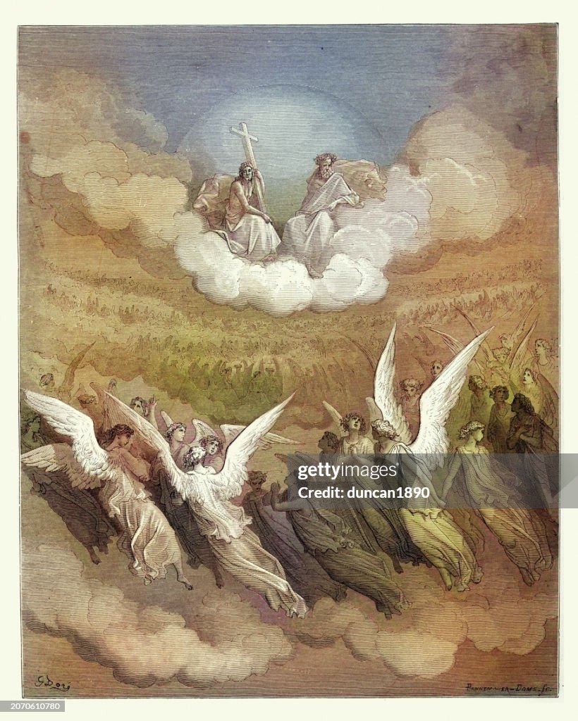God with Jesus in Heaven, with army of angels, Milton's Paradise Lost