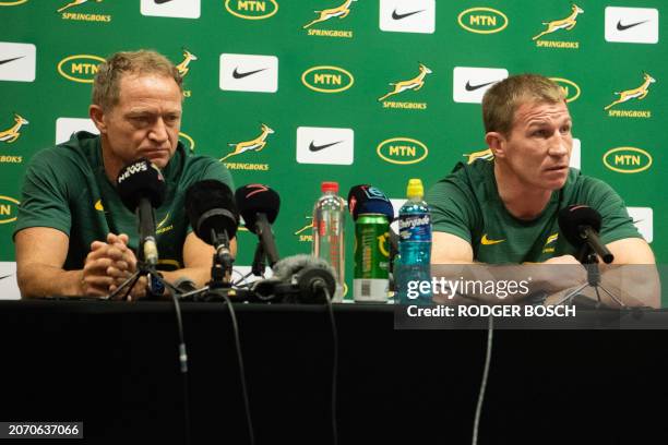 Springbok's New Zealand assistant coach for attack Tony Brown and Springbok's Irish assistant coach for defence Jerry Flannery address a Springbok...