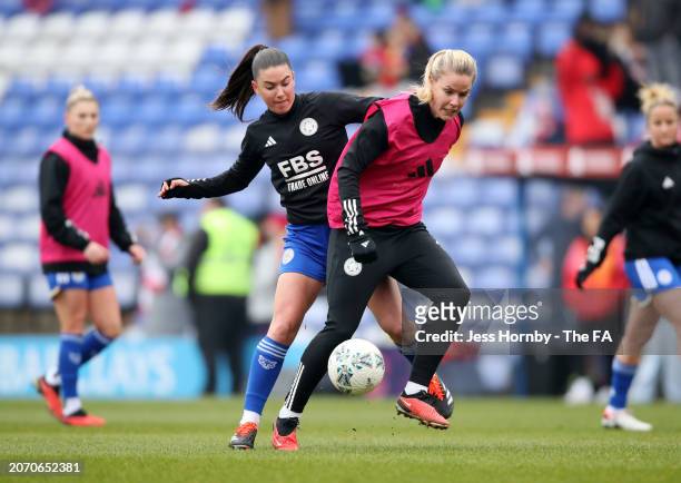 Emilia Pelgander and Lena Petermann of Leicester City warmup prior to the Adobe Women's FA Cup Quarter Final match between Liverpool and Leicester...