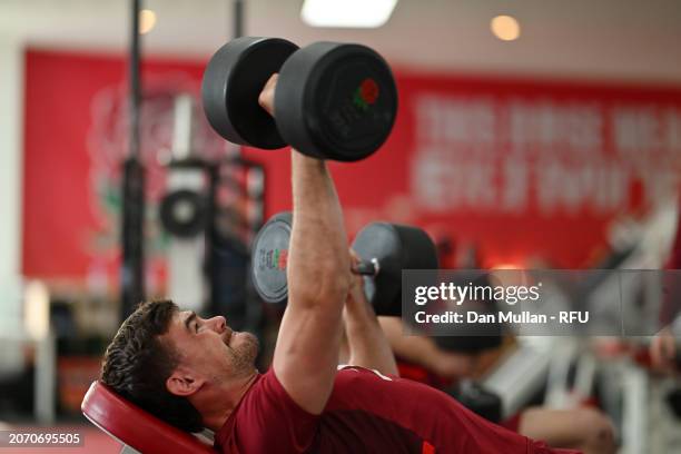 George Furbank of England trains during a gym session at Pennyhill Park on March 04, 2024 in Bagshot, England.