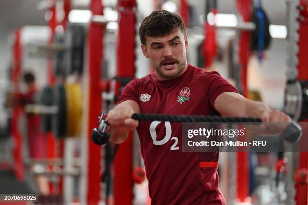 George Furbank of England trains during a gym session at Pennyhill Park on March 04, 2024 in Bagshot, England.