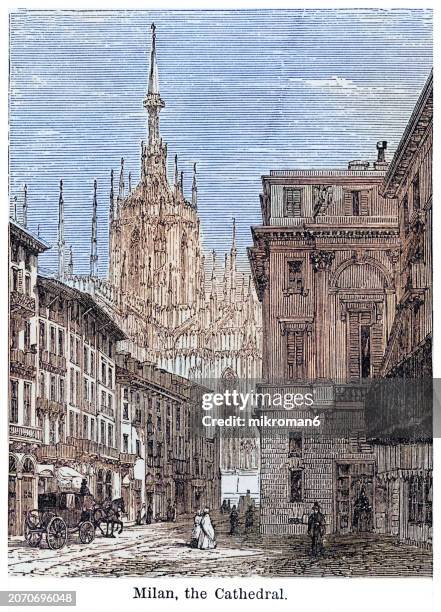 old engraved illustration of interior of milan cathedral, or metropolitan cathedral-basilica of the nativity of saint mary - the cathedral church of milan, lombardy, italy - basilican church stock pictures, royalty-free photos & images