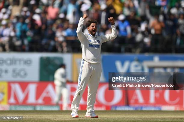 Kuldeep Yadav celebrates the dismissal of Joe Root as India win the 5th Test Match between India and England at Himachal Pradesh Cricket Association...