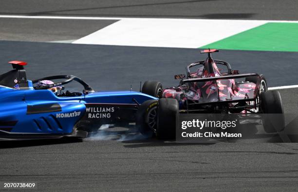 Lia Block of United States and ART Grand Prix crashes into Lola Lovinfosse of France and Rodin Motorsport during Round 1 Jeddah race 2 of the F1...