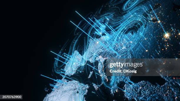 data patterns emerging over europe - dark, blue - analyzing global data flow, business, technology - global climate change stock pictures, royalty-free photos & images