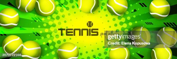concept of sport and victory in modern style. set of volumetric realistic sports tennis balls on an abstract colored background. stylish vector illustration for sports competitions. - tournament champion stock illustrations