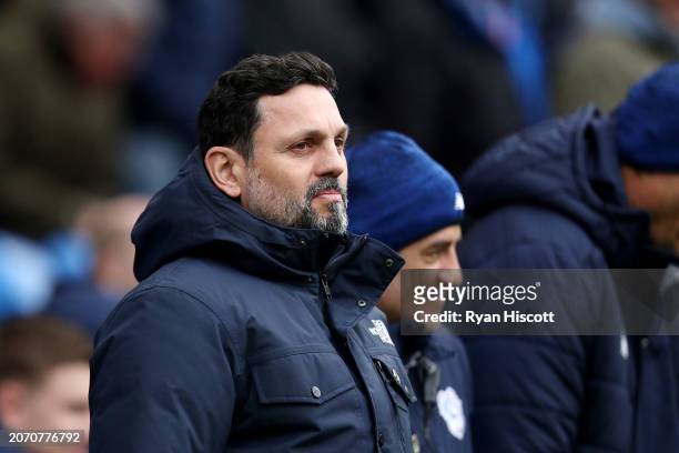 Erol Bulut, Manager of Cardiff City, looks on during the Sky Bet Championship match between Cardiff City and Ipswich Town at Cardiff City Stadium on...