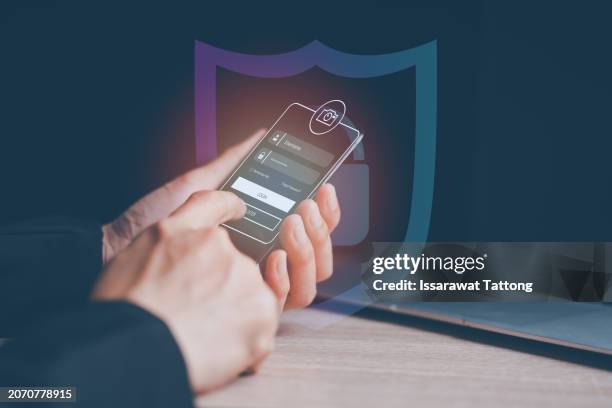 data security concept. mobile security app on smartphone screen. - security screen icons stock pictures, royalty-free photos & images