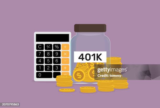 ilustraciones, imágenes clip art, dibujos animados e iconos de stock de plan 401k con calculadora para el concepto de jubilación - libertad financiera