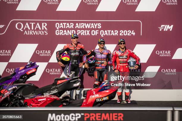 MotoGP Top 3 Qualifiers with Jorge Martin of Spain and Prima Pramac Racing , Aleix Espargaro of Spain and Aprilia Racing and Enea Bastianini of Italy...