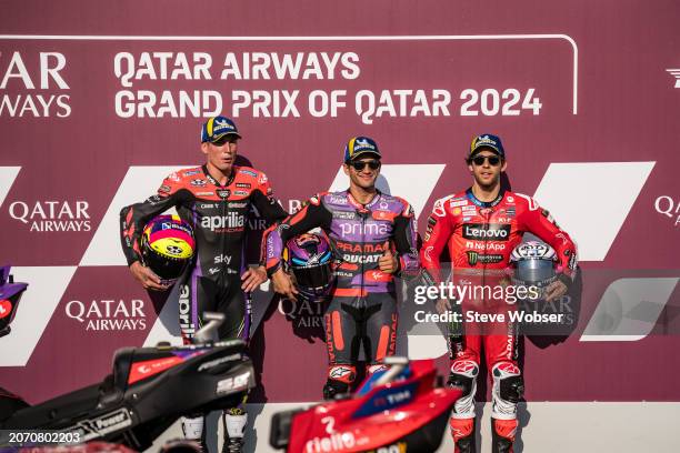 MotoGP Top 3 Qualifiers with Jorge Martin of Spain and Prima Pramac Racing , Aleix Espargaro of Spain and Aprilia Racing and Enea Bastianini of Italy...