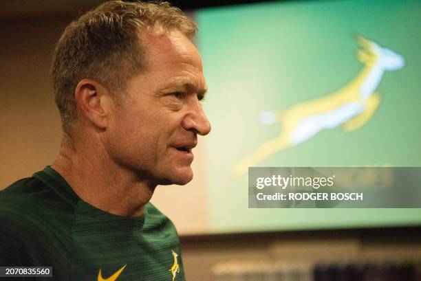 Springbok's New Zealand assistant coach for attack Tony Brown addresses a Springbok rugby press conference where new coaching staff were announced in...