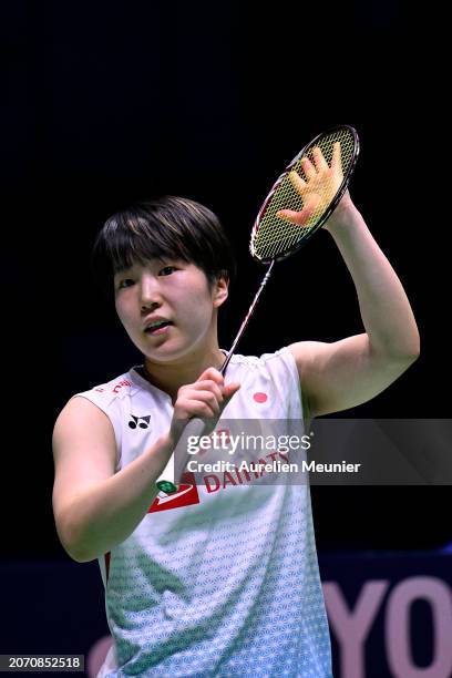 Akane Yamaguchi of Japan reacts after winning her Women's single semi final match against Chen Yu Fei of China at the Yonex French open badminton at...