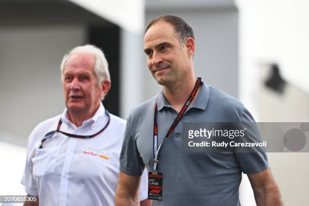 Oracle Red Bull Racing Team Consultant Dr Helmut Marko and Oliver Mintzlaff, Managing Director of Red Bull GmbH walk in the Paddock prior to the F1...