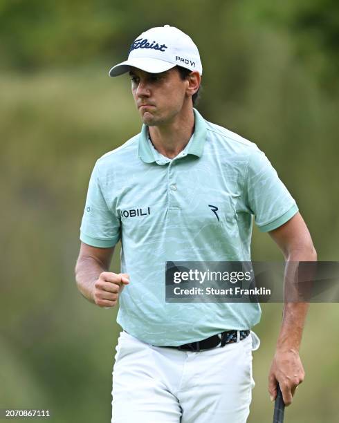 Matteo Manassero of Italy celebrates his birdie on the 12th hole during day three of the Jonsson Workwear Open at Glendower Golf Club on March 09,...