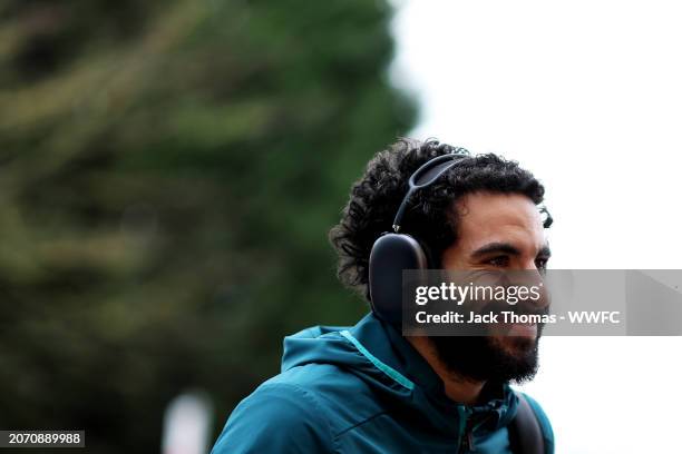 Rayan Ait-Nouri of Wolverhampton Wanderers arrives at the stadium ahead of the Premier League match between Wolverhampton Wanderers and Fulham FC at...