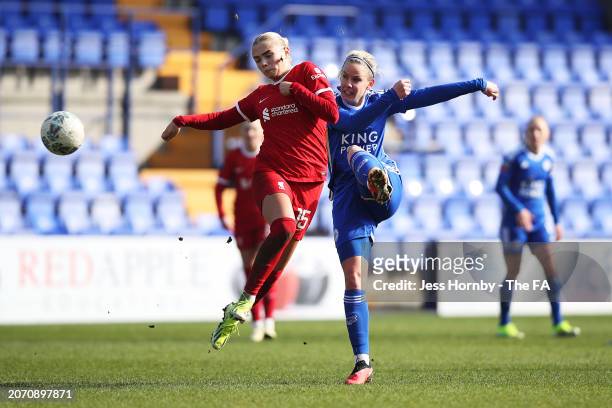 Lena Petermann of Leicester City is challenged by Sofie Lundgaard of Liverpool during the Adobe Women's FA Cup Quarter Final match between Liverpool...