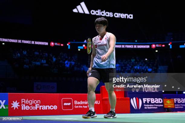Akane Yamaguchi of Japan looks on during her Women's single semi final match against Chen Yu Fei of China at the Yonex French open badminton at...