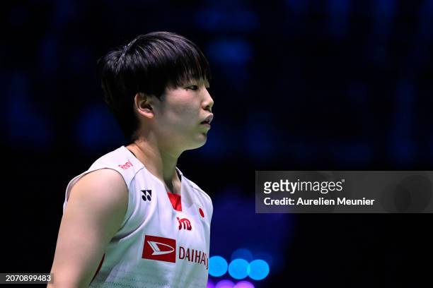 Akane Yamaguchi of Japan looks on during her Women's single semi final match against Chen Yu Fei of China at the Yonex French open badminton at...