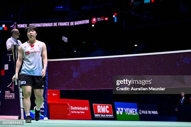 Akane Yamaguchi of Japan looks on during her Women's single semi final match against Chen Yu Fei of China at the Yonex French open badminton at...