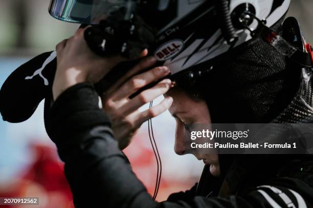 Race winner Doriane Pin of France and PREMA Racing celebrates in parc ferme during Round 1 Jeddah race 2 of the F1 Academy at Jeddah Corniche Circuit...