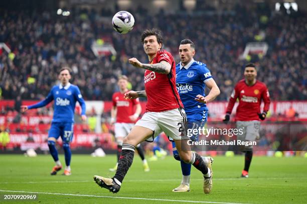 Victor Lindeloef of Manchester United controls the ball during the Premier League match between Manchester United and Everton FC at Old Trafford on...