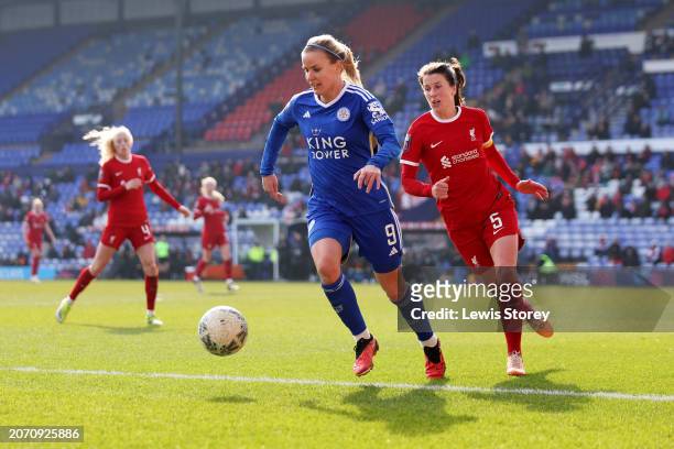 Lena Petermann of Leicester City controls the ball whilst under pressure from Niamh Fahey of Liverpool during the Adobe Women's FA Cup Quarter Final...