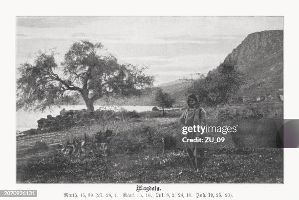 historische ansicht von magdala (migdal), israel, halbtondruck, erschienen 1899 - maria magdalena stock-grafiken, -clipart, -cartoons und -symbole