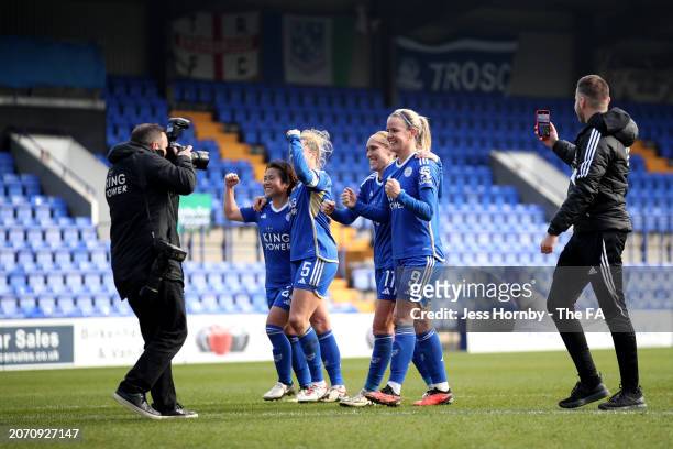 Janice Cayman and Lena Petermann of Leicester City celebrates following the team's victory in the Adobe Women's FA Cup Quarter Final match between...
