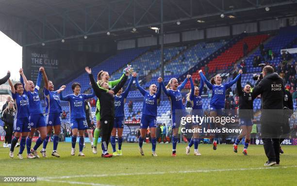 Players of Leicester City celebrate after the team's victory in the Adobe Women's FA Cup Quarter Final match between Liverpool and Leicester City at...