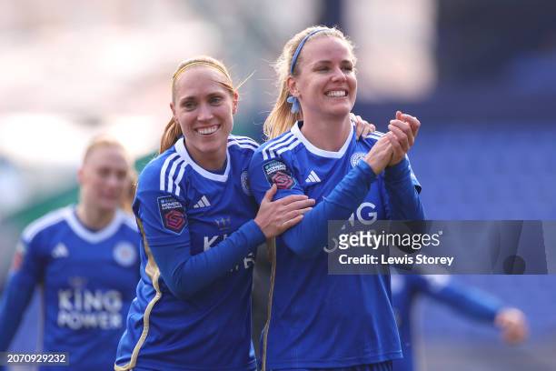 Janice Cayman and Lena Petermann of Leicester City celebrate after the team's victory in the Adobe Women's FA Cup Quarter Final match between...
