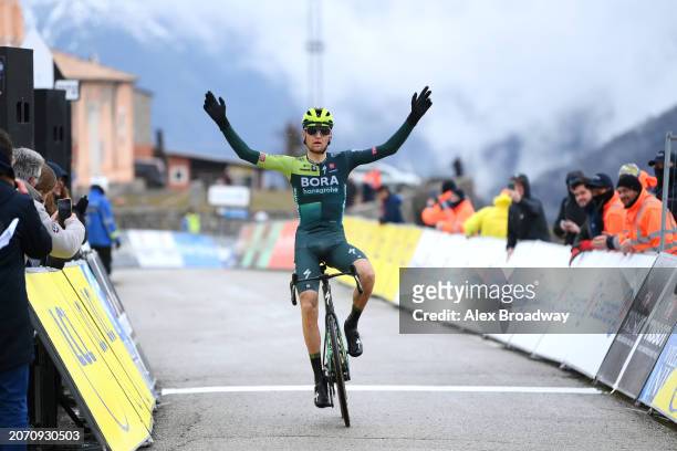 Aleksandr Vlasov of Russia and Team BORA - hansgrohe celebrates at finish line as stage winner during the 82nd Paris - Nice 2024, Stage 7 a 103.7km...