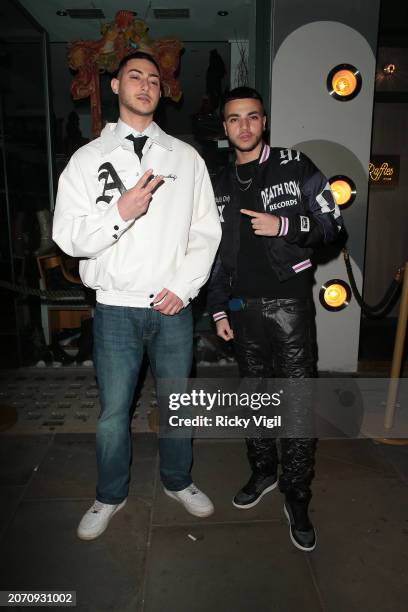 Rav Steelo and Junior Andre seen attending International Women's Day party at Raffles Chelsea on March 08, 2024 in London, England.