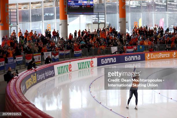 Joy Beune of Netherlands celebrates after she competes in the 3000m Women AllRound during the ISU World Speed Skating Allround and Sprint...