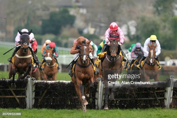 Sean Bowen riding Go Dante clear the last to win The Betfair Imperial Cup Handicap Hurdle from Harry Skelton and Faivoir at Sandown Park Racecourse...