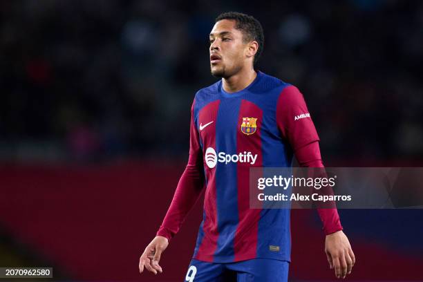 Vitor Roque of FC Barcelona looks on during the LaLiga EA Sports match between FC Barcelona and RCD Mallorca at Estadi Olimpic Lluis Companys on...