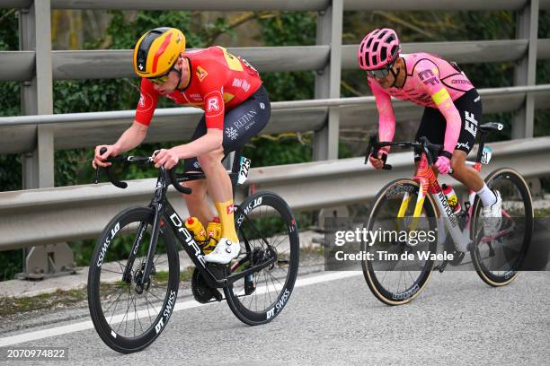 Andreas Leknessund of Norway and Team Uno-X Mobility and Richard Carapaz of Ecuador and Team EF Education-Easypost compete in the breakaway during...
