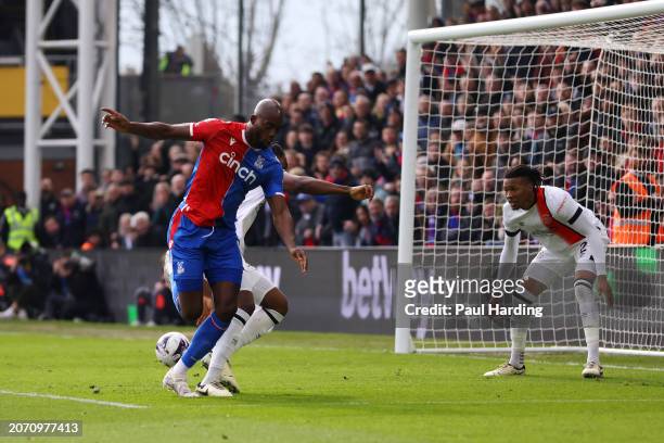 Jean-Philippe Mateta of Crystal Palace scores his team's first goal with a back-heel during the Premier League match between Crystal Palace and Luton...
