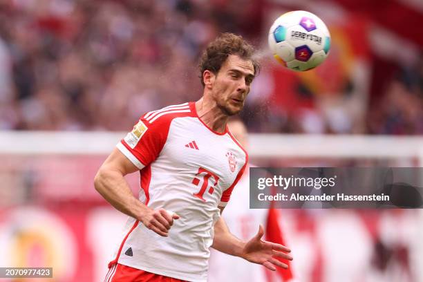 Leon Goretzka of Bayern Munich heads the ball during the Bundesliga match between FC Bayern München and 1. FSV Mainz 05 at Allianz Arena on March 09,...