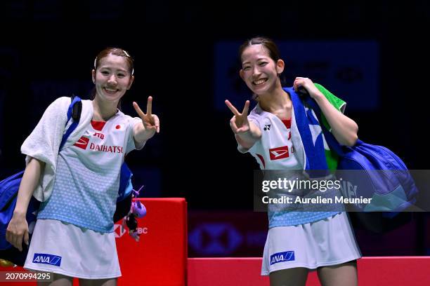 Chiharu Shida and Nami Matsuyama of Japan react after winning their Women's double semi final match against Liu Sheng Shu and Tan Ning of China at...