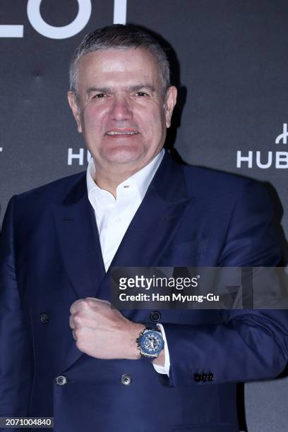 Hublot CEO, Ricardo Guadalupe, watch detail, is seen at the HUBLOT 'The Art of Fusion' photocall event on March 08, 2024 in Seoul, South Korea.
