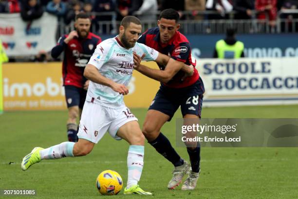 Gabriele Zappa of Cagliari in contrast during the Serie A TIM match between Cagliari and US Salernitana - Serie A TIM at Sardegna Arena on March 09,...