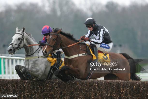 Brendan Powell riding Scarface clear the last to win The Betfair Serial Winners Fund Novices' Handicap Chase at Sandown Park Racecourse on March 09,...